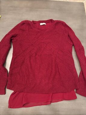Lucky Brand Deep Red Layered-Hem Crew Sweater